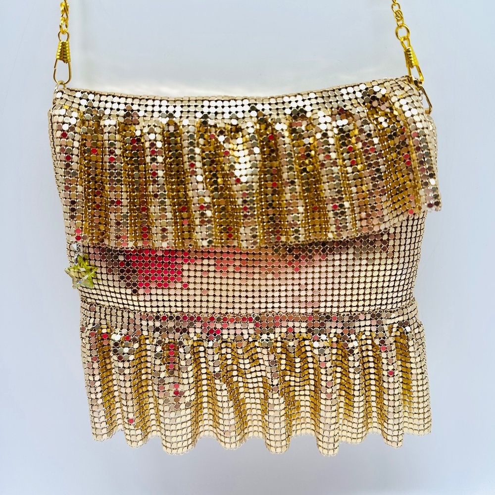 VTG Gold Metal Mesh Fringed Evening Bag With Star Charm Removable Chain Strap